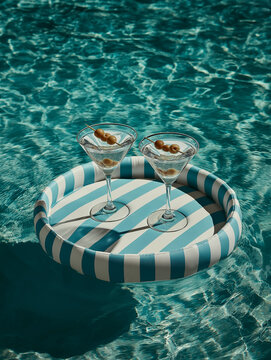 Two martini glasses with olives on skewers balance on a round striped float in a clear blue pool. Modern refreshing cocktail concept with elegant aesthetic.