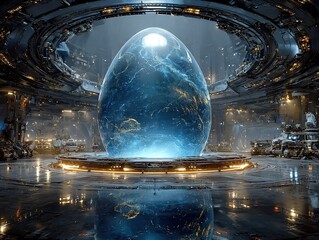 Holographic Display Egg with Rings and Blue Light in Futuristic Space Station Interior with Advanced Technology Elements
