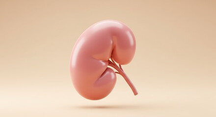 3D rendering of a stylized human kidney organ in pink on a light background, representing health, anatomy, and medical science.