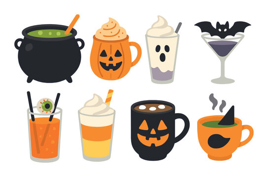 Assorted spooky halloween drinks with pumpkin, ghost, bat, and witch themes
