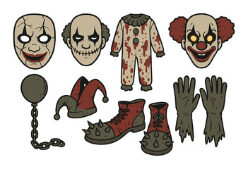 Creepy clown costume elements: masks, shoes, gloves, and more
