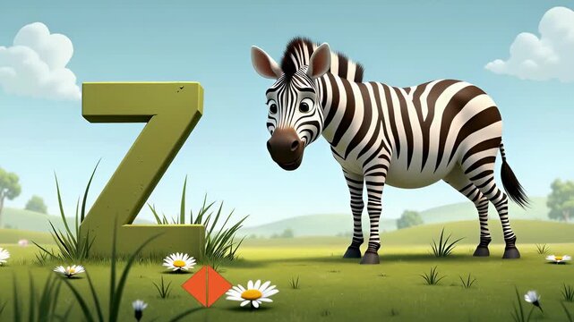Cute Cartoon Zebra Next to Letter Z in a Green Field with Flowers and Blue Sky