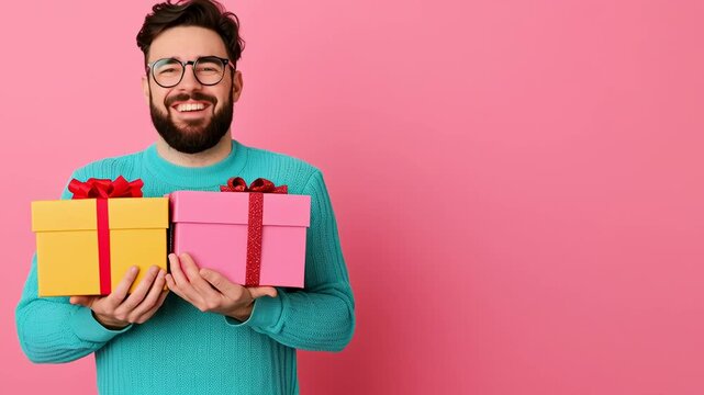 A smiling man holding colorful gift boxes against a pink background.