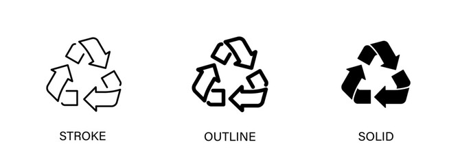 Obraz premium Recycling icons for ecology, environment, waste, cycle and trash. Editable vector stroke, outline and solid icons.