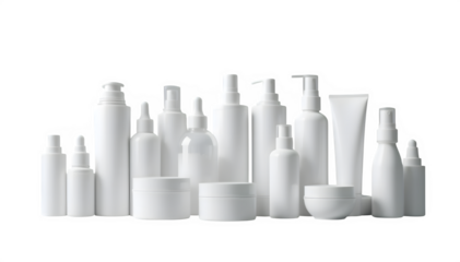Collection of white cosmetic bottles and containers isolated on transparent background