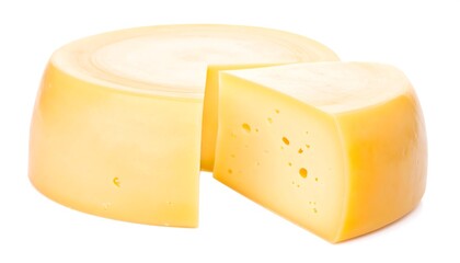 A round of semi-hard cheese with a triangular slice cut, displayed against a stark white background. The cheese exhibits a smooth, waxy texture and a rich yellow hue, with visible small holes