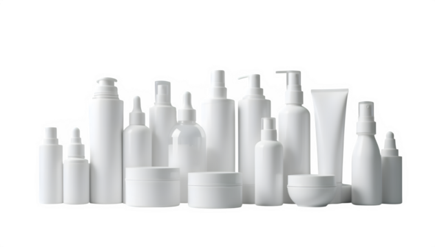 Collection of white cosmetic bottles and containers isolated on transparent background