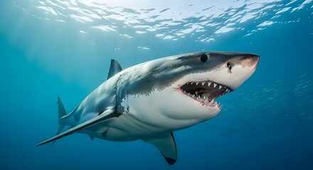 Great White Shark Showing Teeth in Ocean Water; Predatory Marine Life Underwater Shot