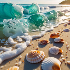 Turquoise ocean wave washes over sandy beach with seashells