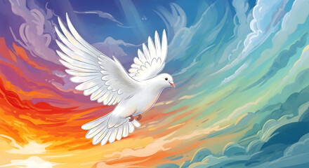 Obraz premium A graceful white dove soars through a celestial sky, its wings spread wide against a background of warm and cool colors, symbolizing peace and hope