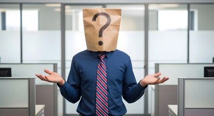 Enigmatic Identity Question Mark Mask in Office Setting with Arms Wide Open