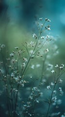 Soft Floral Meadow Detail with White Flowers and Blue Dreamlike Light