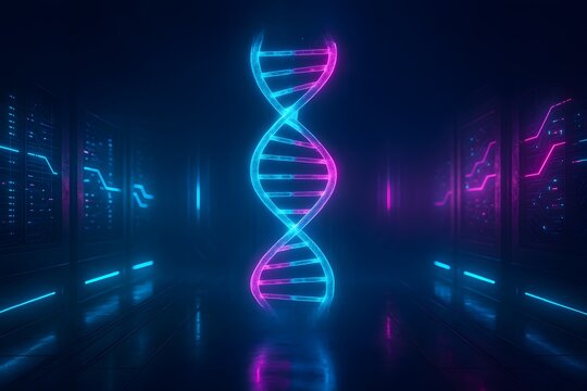 Futuristic glowing DNA double helix in neon blue and pink lights inside high tech data center corridor, symbol of biotechnology and digital genetics