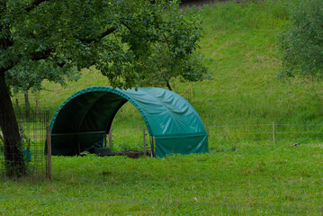 A small, green, covered shelter stands in a lush, grassy field on a cloudy day.