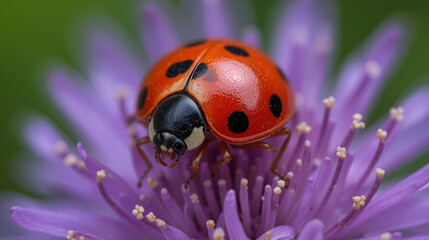 Fototapeta premium Macro close-up of a ladybug resting on a vibrant purple flower. The image highlights the bright red elytra with black spots, delicate legs, and fine textures.