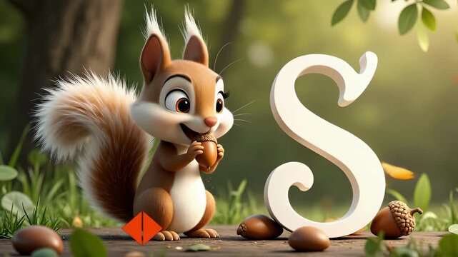 Cute cartoon squirrel holding acorn in vibrant forest setting with soft sunlight and lush greenery background