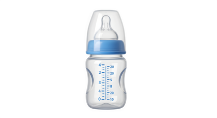 Baby Bottle for Infant Feeding with Blue Ring and Nipple.
