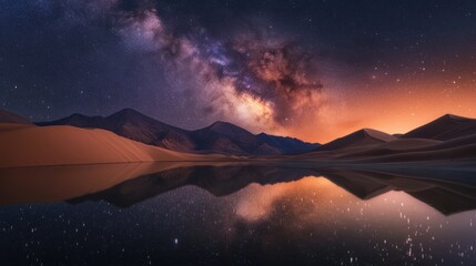 A stunning night landscape featuring a starry sky, mountains, and a reflective lake, creating a serene and magical atmosphere.