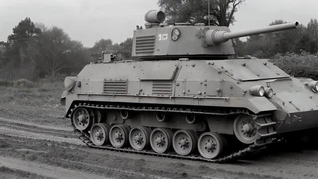 cinematic black white 4k footage of german wehrmacht light panzer tank maneuvering into position historical reconstruction scene portraying world war ii armored combat vehicles authentic wartime