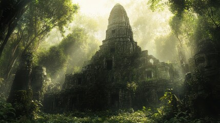 A mystical, ancient temple emerges from lush green foliage, illuminated by soft sunlight filtering through dense trees, creating an enchanting atmosphere.
