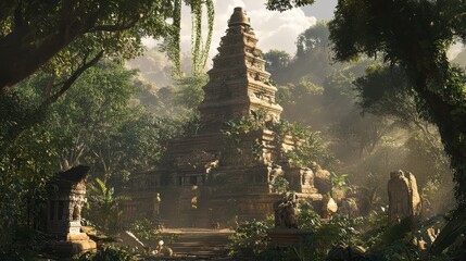 An ancient temple emerges from dense jungle foliage, revealing intricate stonework illuminated by soft, natural light.