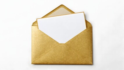 Elegant Golden Envelope with a Blank Card Suggesting Invitations or Greetings on Clean White Background, Ready for Custom Message