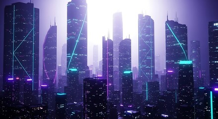 Fototapeta premium Futuristic cityscape with glowing neon lights and data connections at night