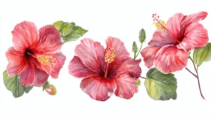 Three vibrant red hibiscus flowers with green leaves, showcasing detailed petals and yellow stamen, ideal for floral designs or nature-themed projects