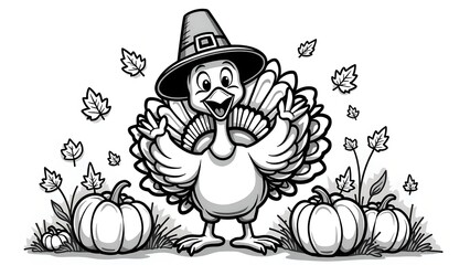 Cartoon Turkey Wearing Pilgrim Hat with Pumpkins and Leaves, Festive Thanksgiving