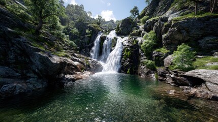 Obraz premium A tranquil mountain waterfall cascades into a crystal-clear pool nestled amongst lush greenery and rugged rocks, creating a serene and picturesque scene.