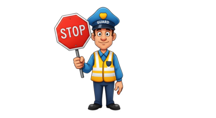 Cartoon guard holding a stop sign.