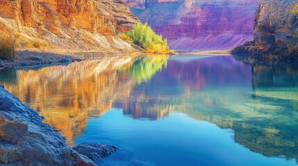 A vibrant landscape featuring a river reflecting colorful rock formations, surrounded by lush greenery and majestic cliffs.