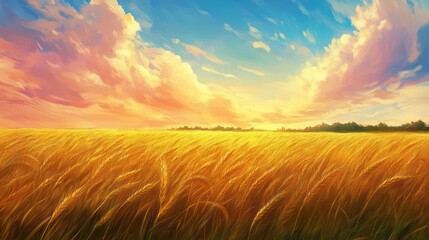 A vibrant sunset over a golden wheat field, with billowing clouds painted in hues of pink and blue, creating a serene and picturesque landscape.
