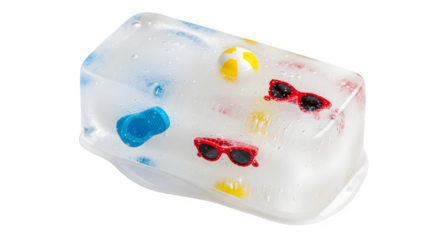 Clear soap bar with embedded summer vacation icons.