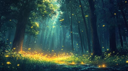 A magical forest illuminated by fireflies, with dappled sunlight filtering through the trees, creating a serene and enchanting atmosphere.