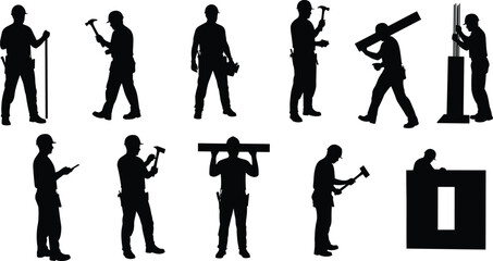 Construction worker silhouettes, handyman tools, carpentry acti