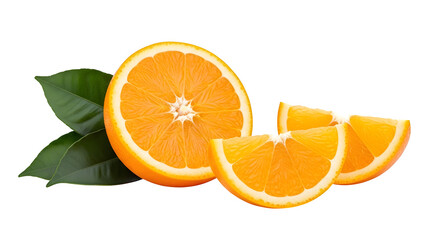 Fototapeta premium Closeup of a Sliced Orange with Green Leaves.