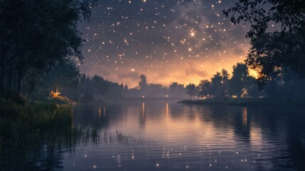 A serene lakeside scene at twilight, illuminated by starry skies, reflecting ethereal lights on the water's surface surrounded by trees.