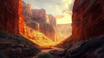 A stunning canyon landscape bathed in warm sunlight, highlighting the rocky cliffs and serene atmosphere, inviting exploration and adventure.