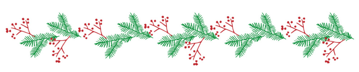 Christmas Border with Pine Branches and Red Berries