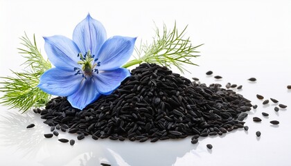 black cumin seeds with nigella sativa flower on transparent background