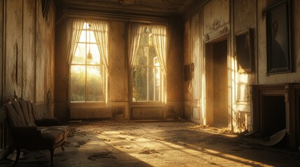 A dusty, abandoned room with sunlight streaming through large windows, highlighting worn furniture and faded decor, evoking a sense of nostalgia and decay.