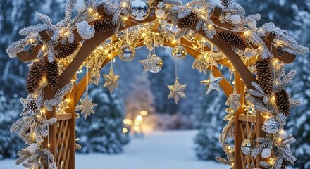 Obraz premium Enchanting Winter Forest Archway Illuminated with Twinkling Lights and Festive Ornaments