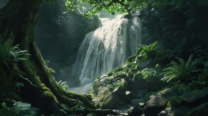 A serene landscape featuring a cascading waterfall surrounded by lush greenery and vibrant ferns in a tranquil forest setting.