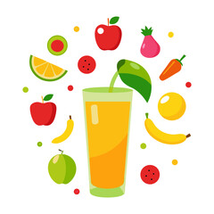 Vector art illustration of fresh fruits surrounding a glass filled with fruit juice