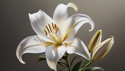 Fototapeta premium a stunning white lily stands out against a neutral background with delicate petals unfolding gracefully the natural lighting highlights the flower s intricate details creating a calming atmosphere