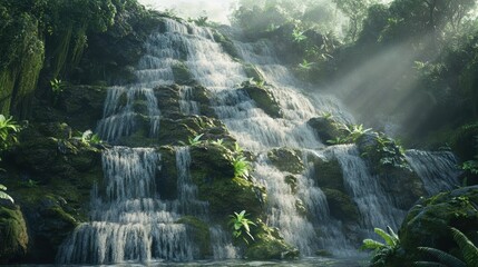 A serene waterfall cascading down rocky terrain, surrounded by lush greenery and illuminated by soft, diffused light filtering through the trees.