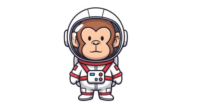 Cute cartoon monkey astronaut character in white space suit.