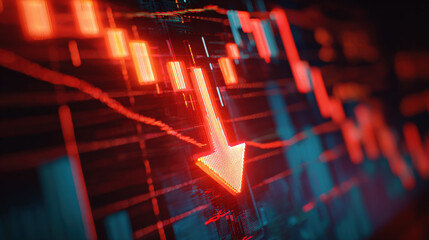 Close-up glowing red downward arrow graph on digital screen with blurred stock charts symbolizing financial loss and economic decline