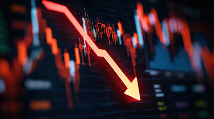 Close-up glowing red downward arrow graph on digital screen with blurred stock charts symbolizing financial loss and economic decline
